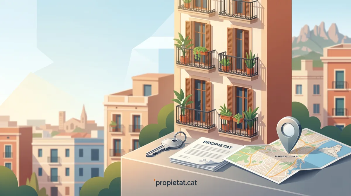 Edificis residencials i un plànol amb les claus d'un habitatge a Catalunya